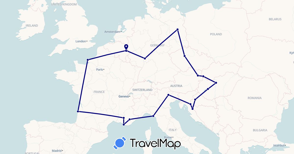 TravelMap itinerary: driving in Austria, Belgium, Czech Republic, Germany, France, Croatia, Hungary, Italy, Slovakia (Europe)